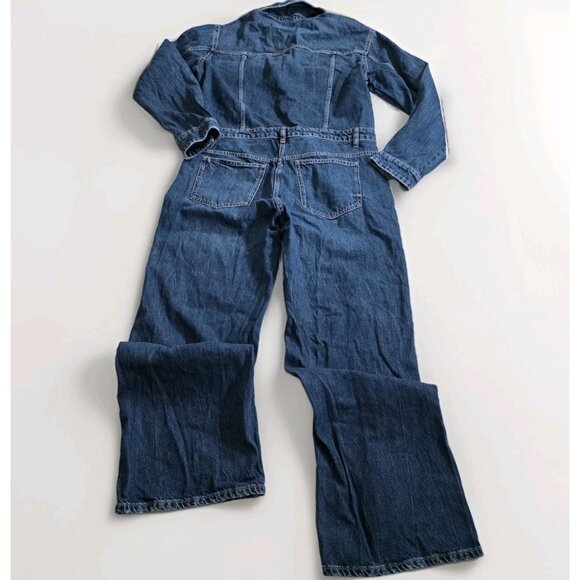 Zara Denim Jumpsuit Women XL Blue LS Button Front Zip Fly Distressed Grunge Boho - Picture 13 of 15